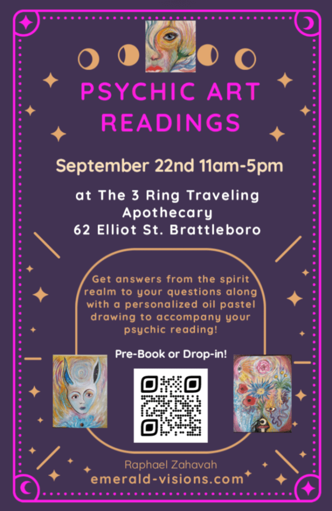 Dark Purple flyer as an example of the spirit art workshops Raphael has conducted