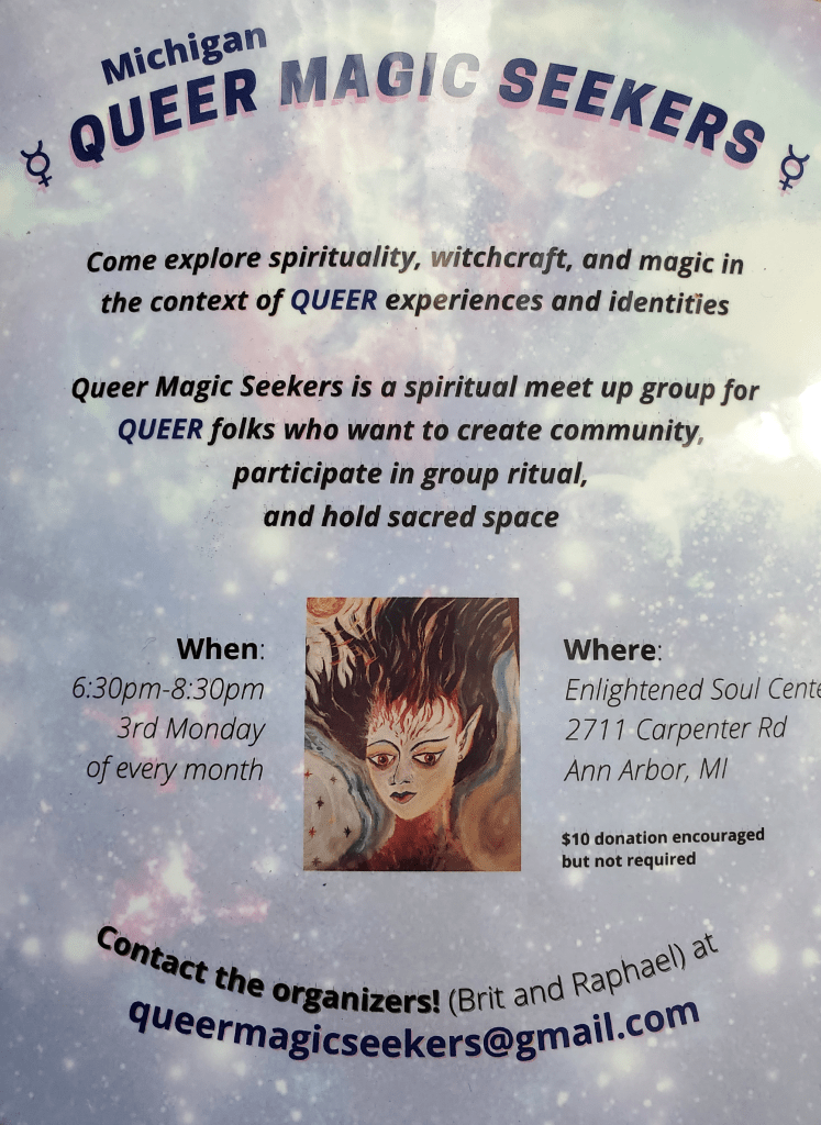Flyer for meet up group Queer Magic Seekers featuring original artwork by Raphael